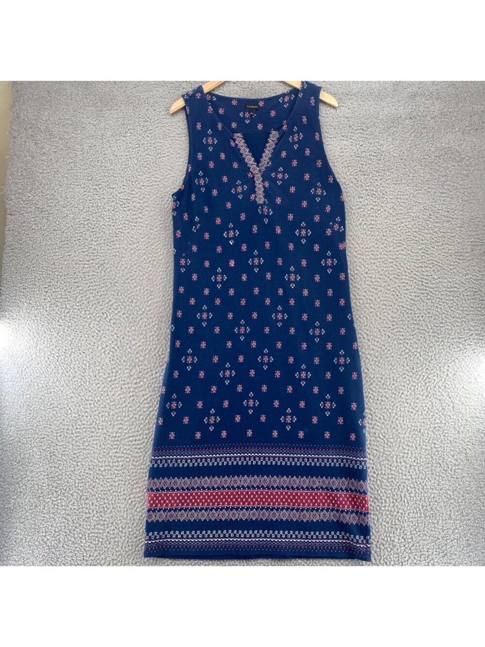 Talbots Dress Womens Large Navy Pattern Shift Notched V Neck Sleeveless Stretch